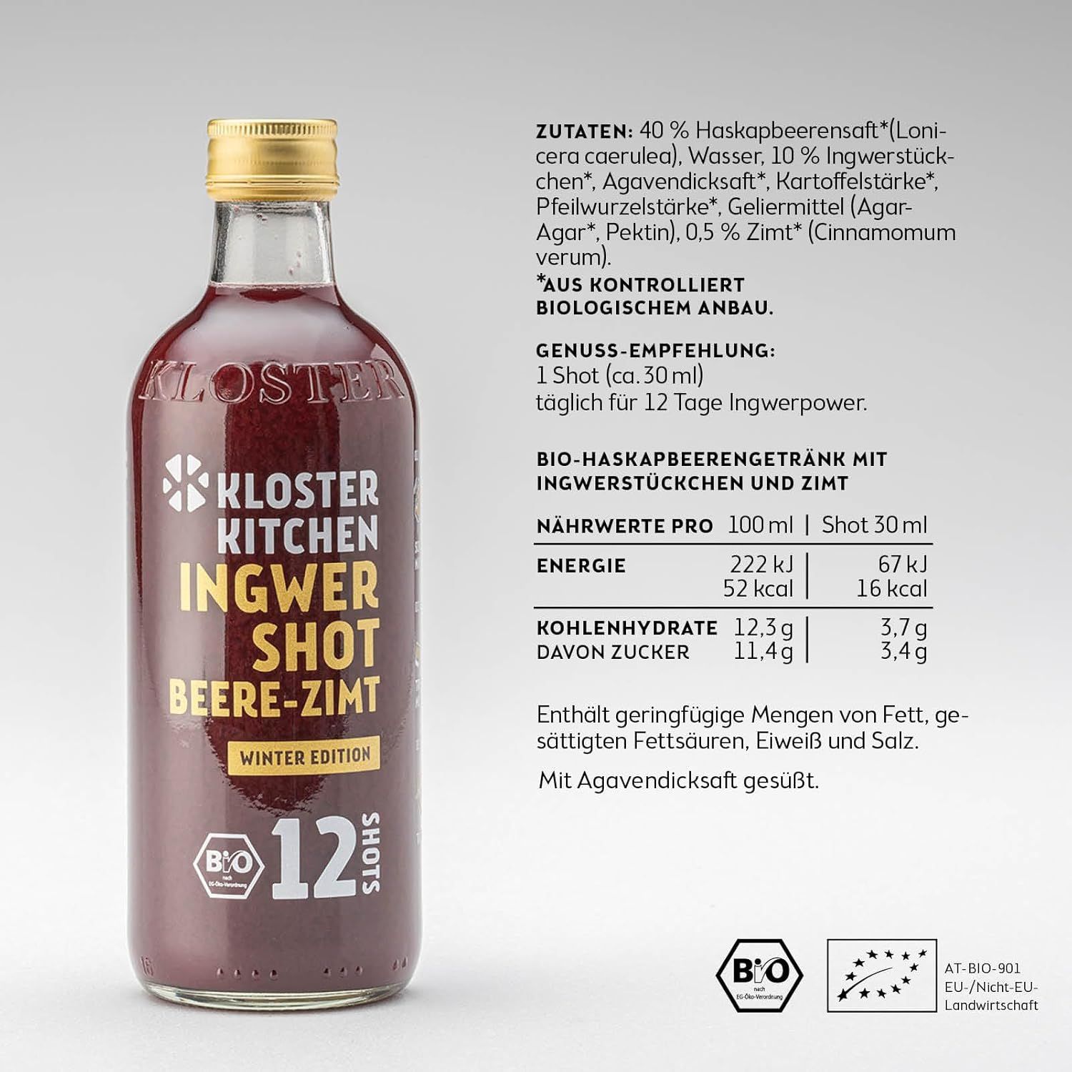 Glasflasche mit Etikett. Text: Kloster Kitchen Ingwer Shot Beere-Zimt, Winter Edition, 12 Shots. Bio-Siegel. Zutatenliste und Nährwertangaben.