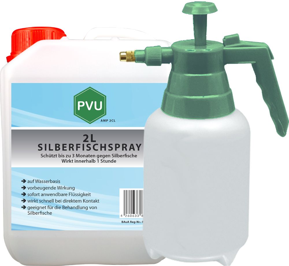 Weißer Behälter und Sprühflasche. Aufschrift "PVU Silberfischspray".