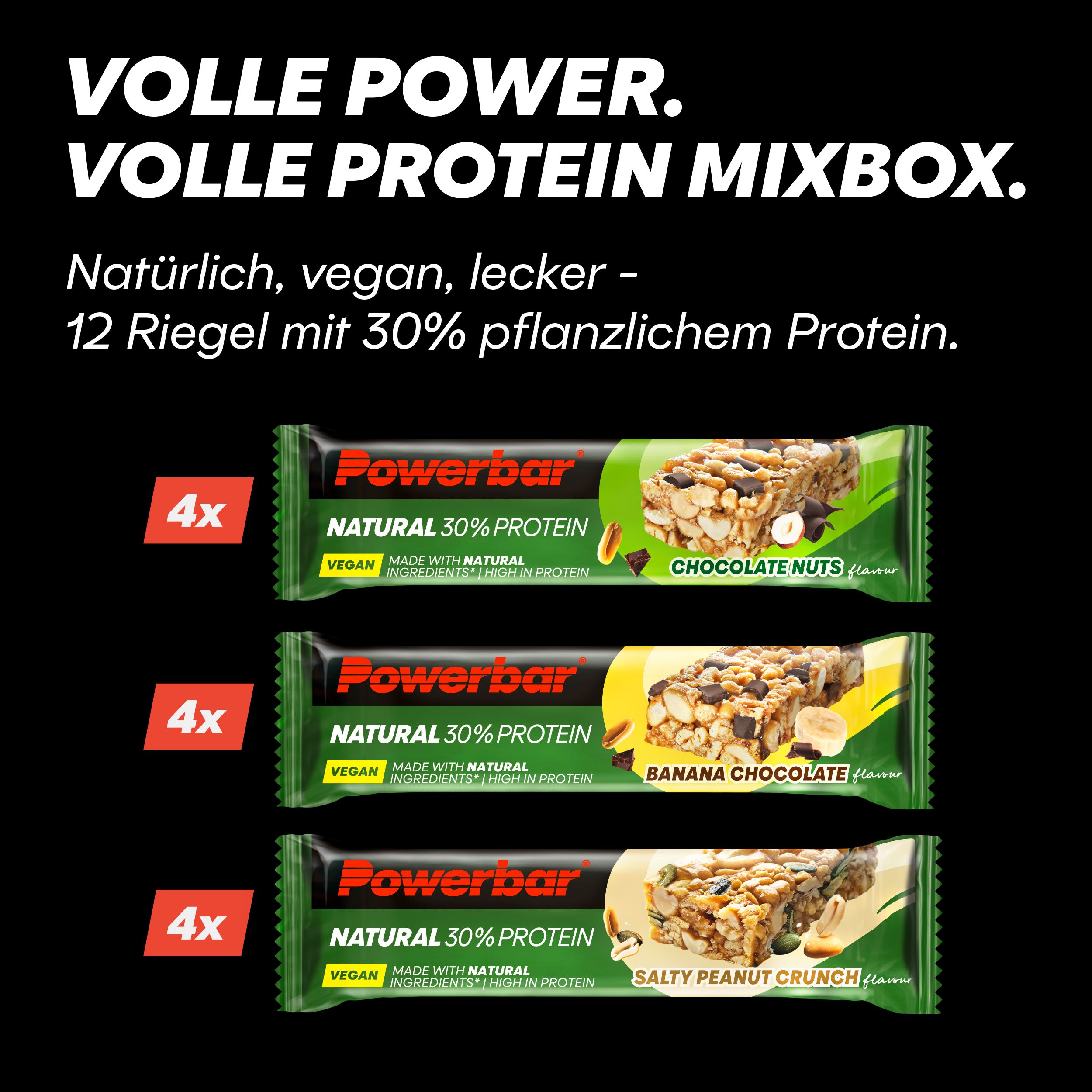 Drei POWERBAR Riegel, je 4x, in den Geschmacksrichtungen Chocolate Nuts, Banana Chocolate und Salty Peanut Crunch. Vegan, mit 30% pflanzlichem Protein.