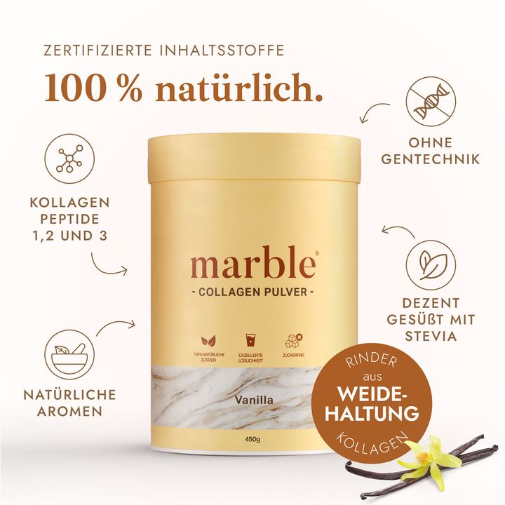 Beige Dose "marble" Collagen Pulver Vanilla. Text: 100% natürlich. Ohne Gentechnik. Mit Stevia gesüßt. 450g.