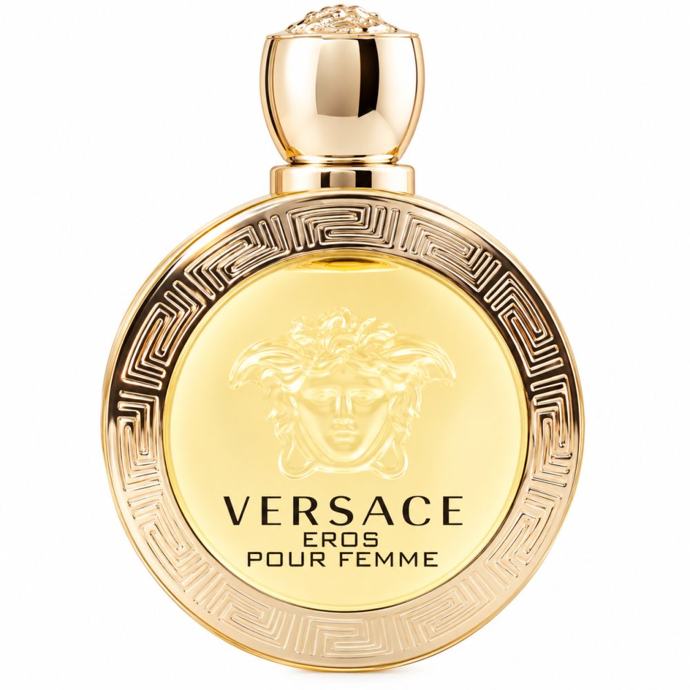 Versace Eros Pour Femme Eau de Toilette Flakon mit goldenem Medusa-Kopf-Detail.
