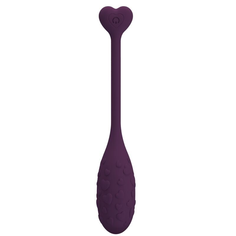 Lila Ei-förmiges Produkt mit Herz-Form am Ende. Oberfläche mit Herz-Mustern. Mit langem Stiel und Herz-förmigem Ende.