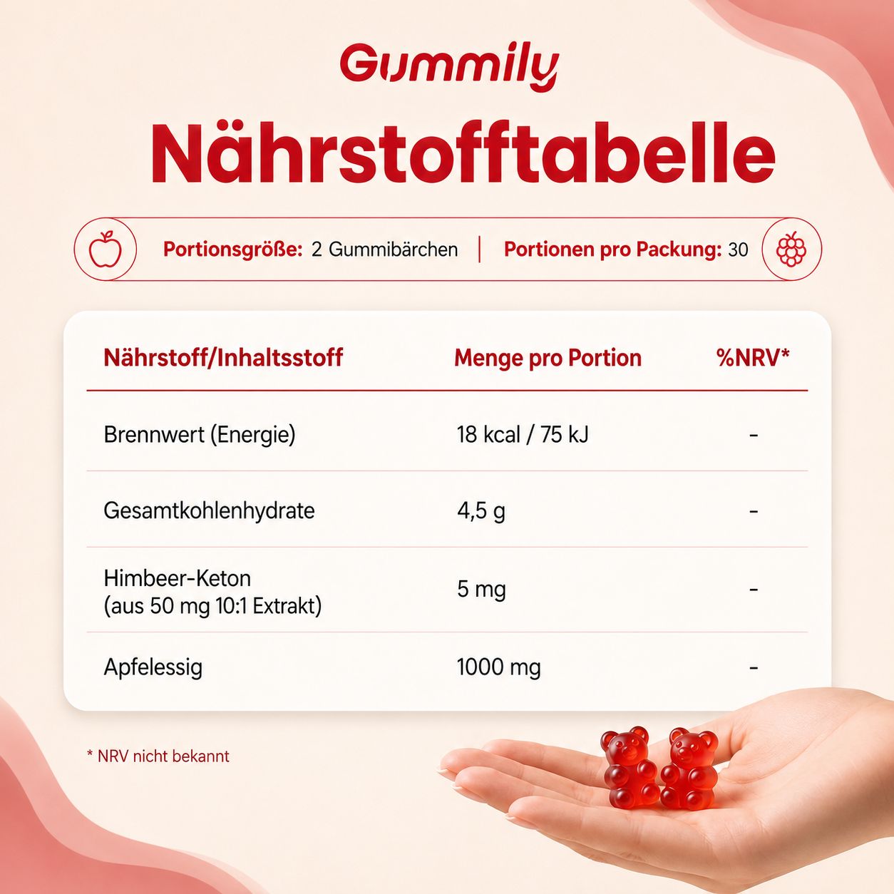 Nährwerttabelle für Gummily Apfelessig Gummibärchen.