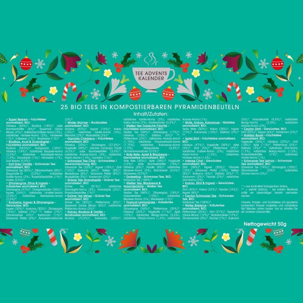 Rückseite des Adventskalenders. Auflistung der 25 Bio-Teesorten in Pyramidenbeuteln. Nettogewicht 50g.