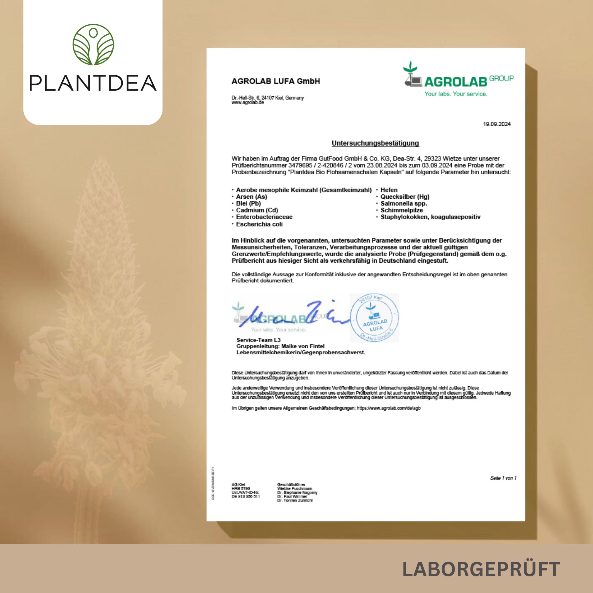 Zertifizierungsdokument von Agrolab LUFA. Laborgeprüft. Unterschriften und Stempel. Angaben zu Proben und Analysen.