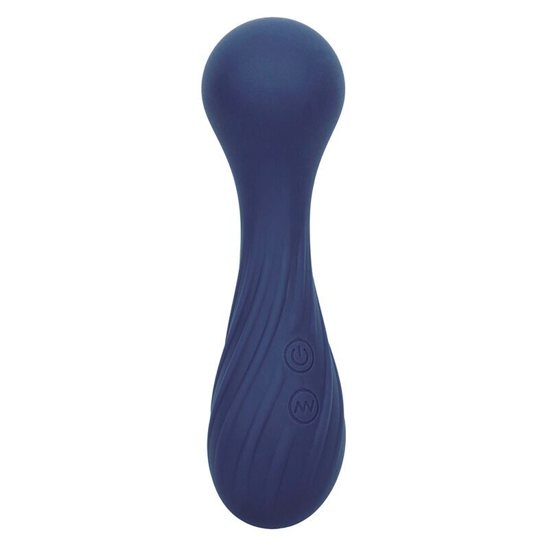 Blauer Vibrationsmassager mit zwei runden Enden und gewellter Oberfläche. Zwei Knöpfe sind sichtbar.