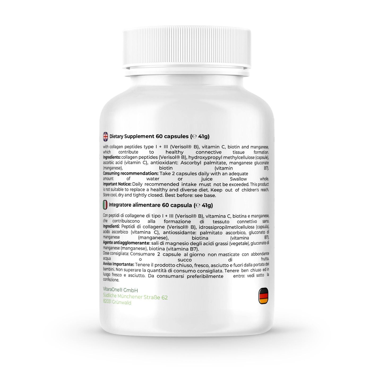 Rückseite der weißen Flasche. Enthält Informationen zu Inhaltsstoffen, Dosierung und Nährwertangaben. 60 Kapseln.