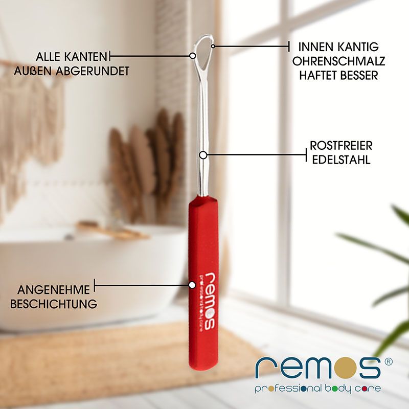 Ohrreiniger mit rotem Griff. Text: Alle Kanten abgerundet, angenehme Beschichtung, rostfreier Edelstahl. Marke: remos.
