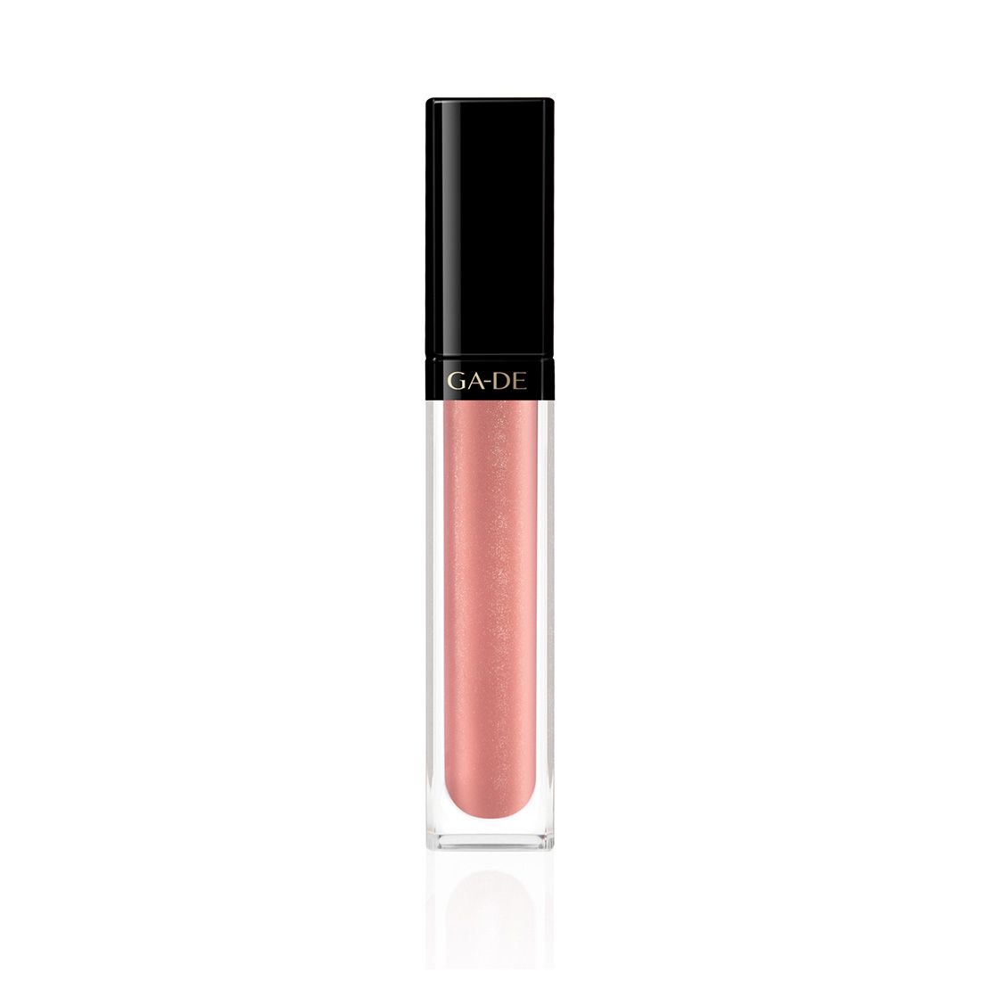 Ga-De Crystal Lights Lipgloss. Transparente, rechteckige Flasche mit schwarzem Deckel. Rosa Inhalt. Marke Ga-De.