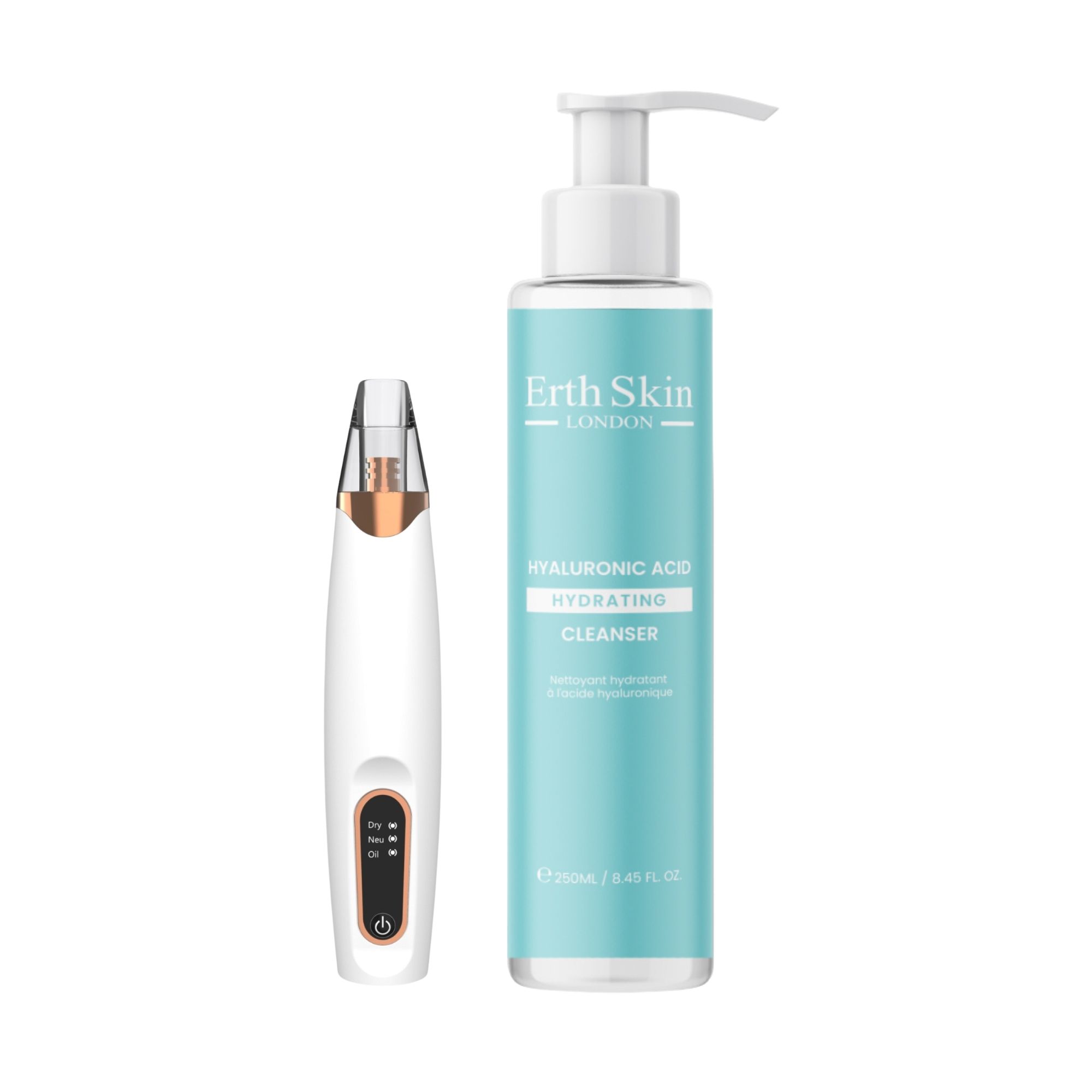 Ein weißes Hautpflegegerät mit Rosegold-Akzenten und eine Flasche Erth Skin London Hyaluronic Acid Hydrating Cleanser.
