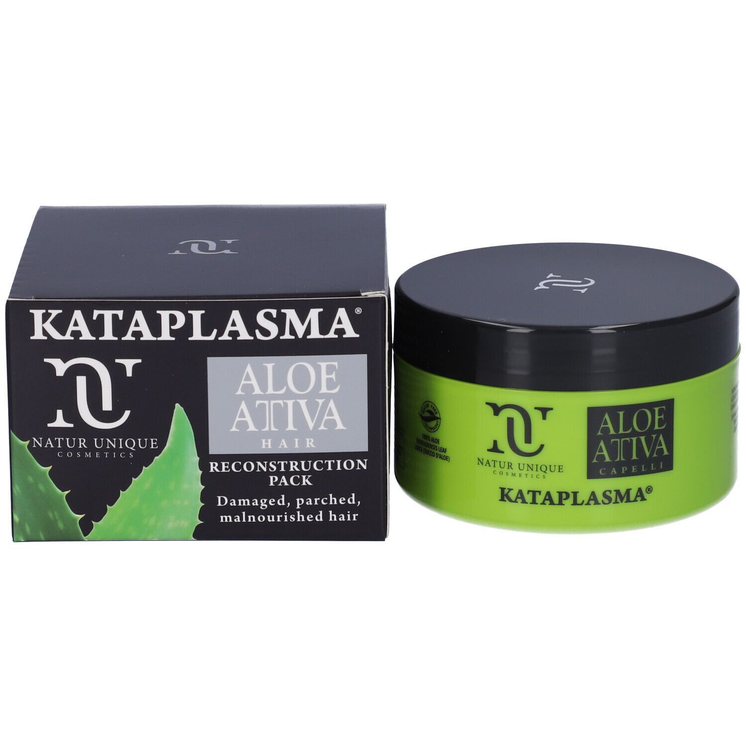 Produktverpackung mit grünem Tiegel und schwarzer Schachtel. Aufschrift: Kataplasma, Aloe Attiva Hair, Reconstruction Pack.
