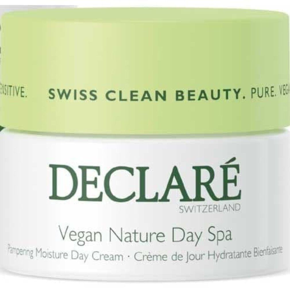 Creme-Tiegel mit grünem Deckel. Aufschrift: DECLARÉ, Vegan Nature Day Spa. Text: Pampering Moisture Day Cream.