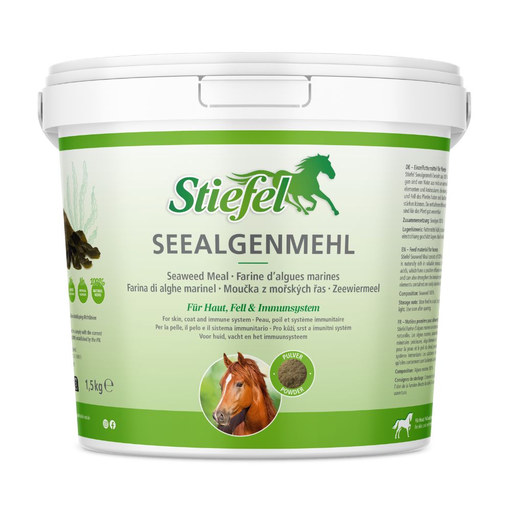 Weißer Eimer mit grünem Etikett. Aufschrift: Stiefel Seealgenmehl. Enthält Seaweed Meal. Mit Abbildung eines Pferdes.
