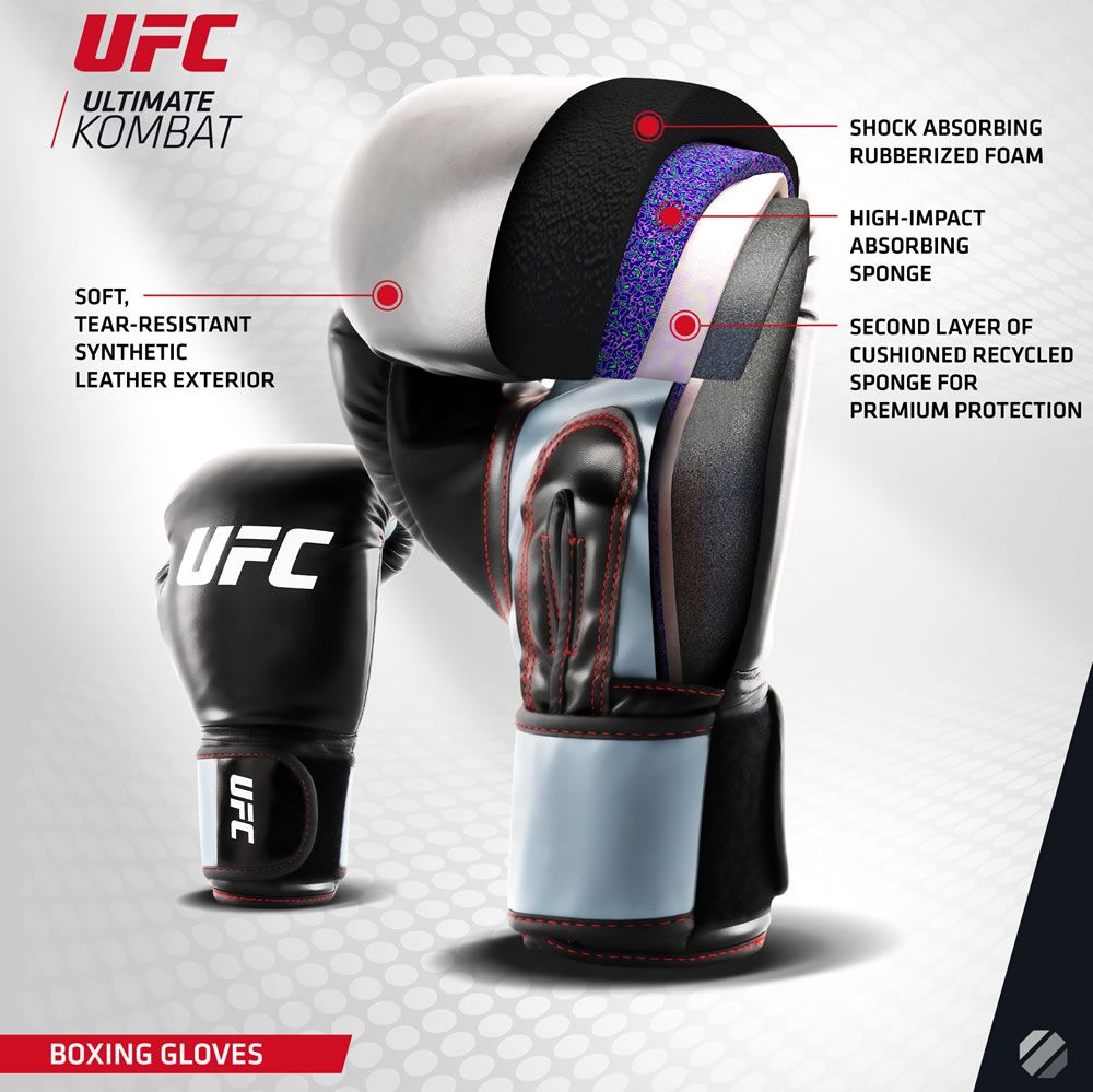 Schnitt durch einen UFC Boxhandschuh. Schichten: Kunstleder, Schwamm, Schaumstoff. UFC-Logo sichtbar.