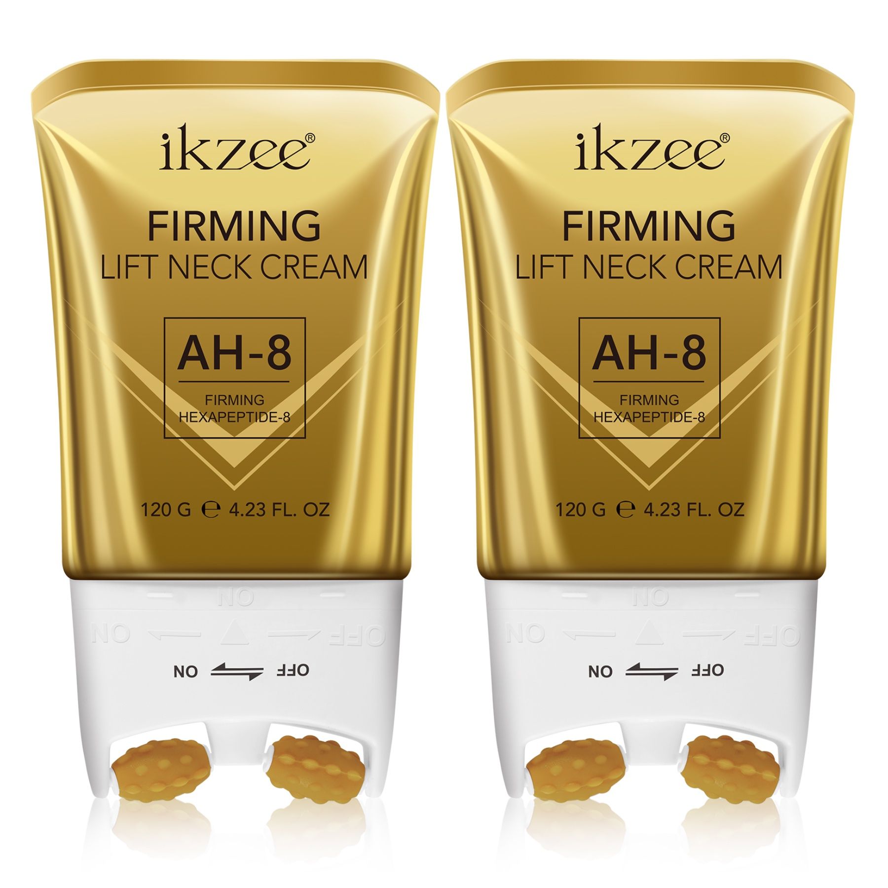 Zwei goldfarbene Tuben mit Creme. Text: Firming Lift Neck Cream AH-8. Aufschrift: 120 g e 4.23 fl. oz.