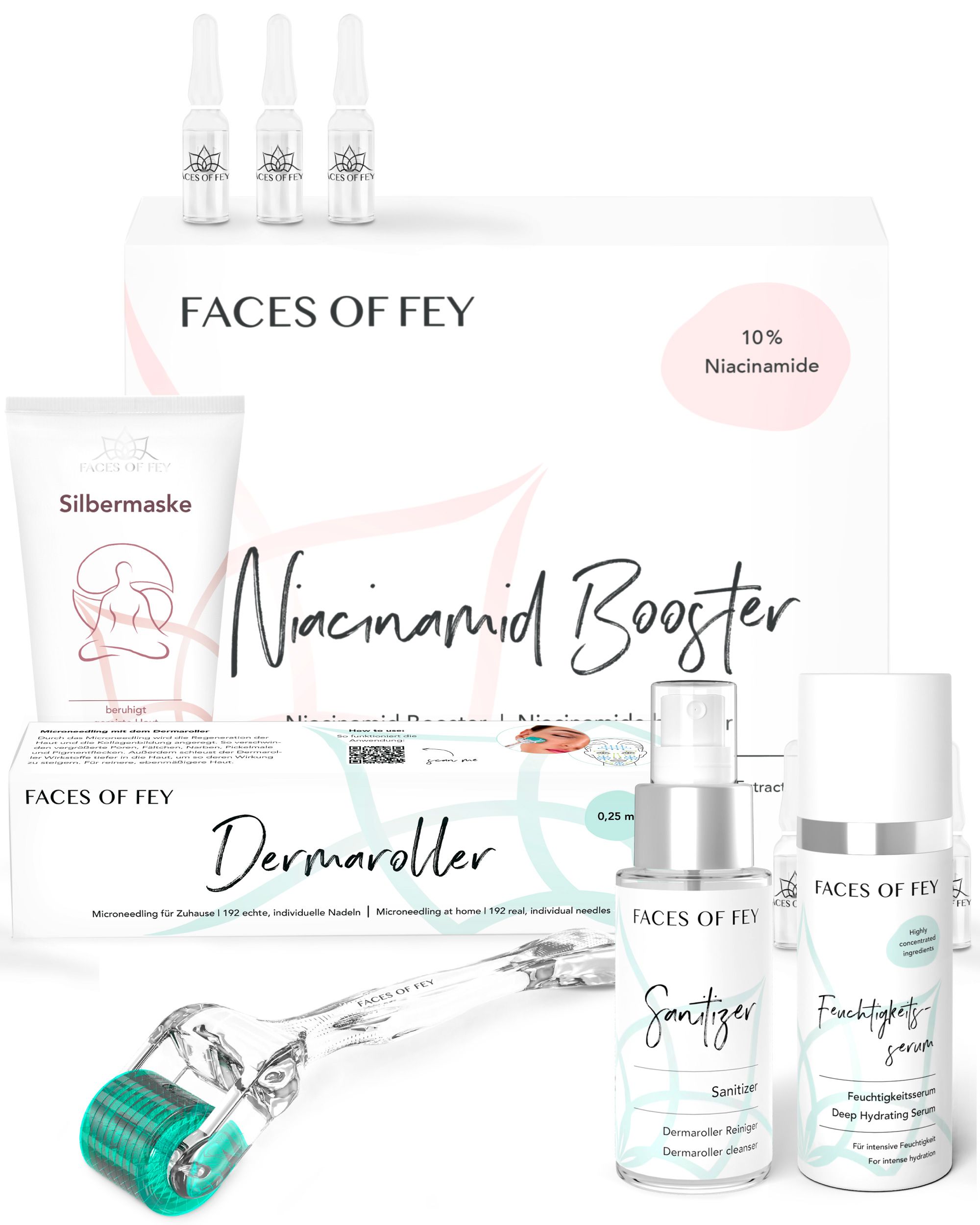 Produktset mit Dermaroller, Niacinamid Booster, Silbermaske, Feuchtigkeitsserum und Sanitizer. Produktname: FACES OF FEY.