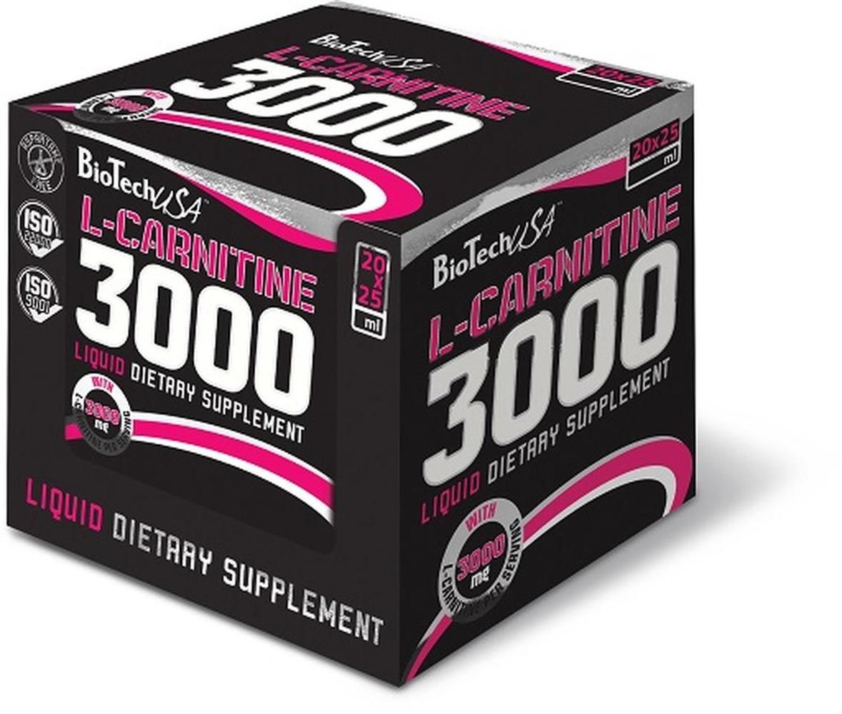 Schwarze Box mit pinkfarbenen Akzenten. Aufschrift: BioTechUSA L-Carnitine 3000. Flüssiges Nahrungsergänzungsmittel. ISO-Zertifizierungen.