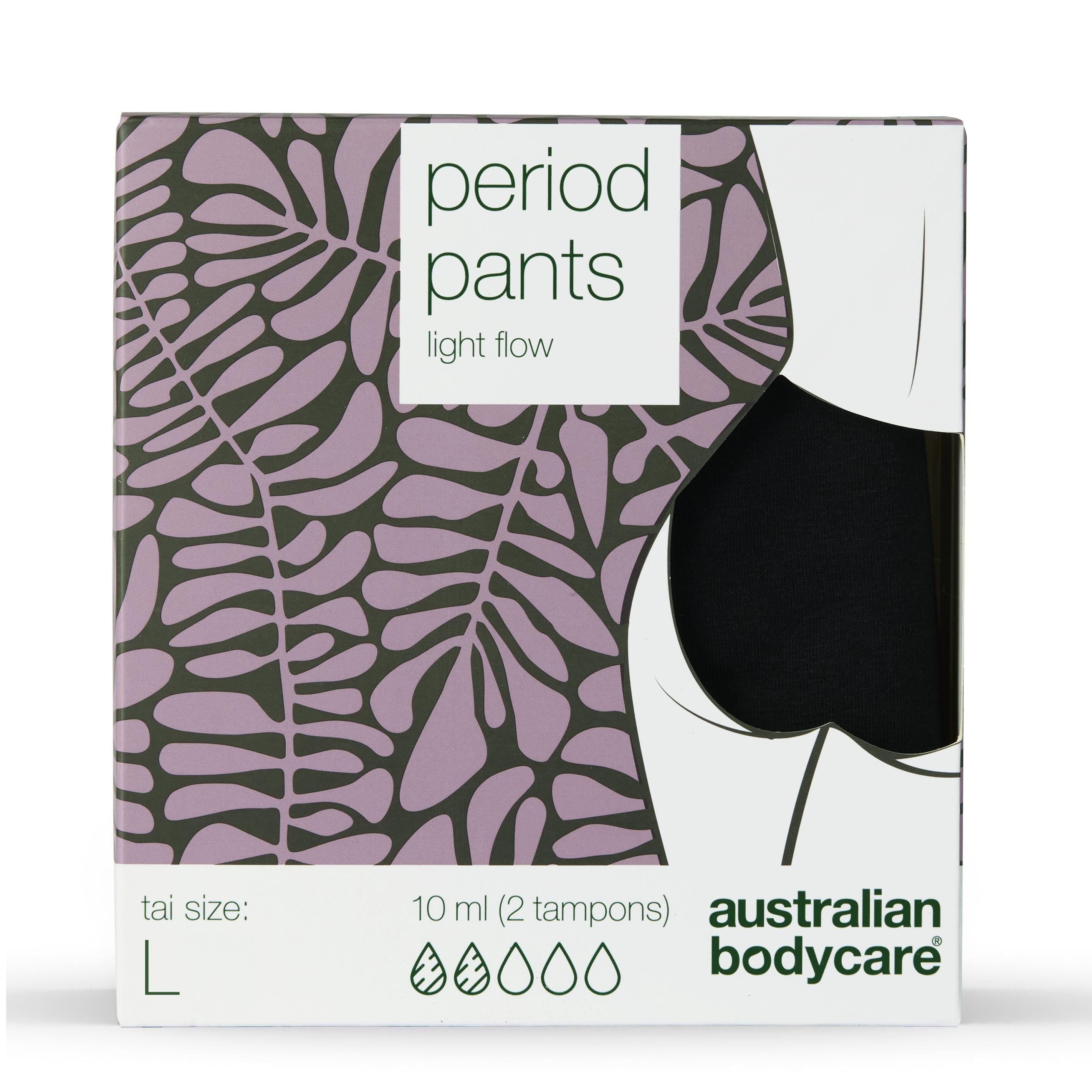 Schwarze Periodenunterhose in Verpackung. Größe L. Aufdruck: Period Pants, light flow. Marke: Australian Bodycare.