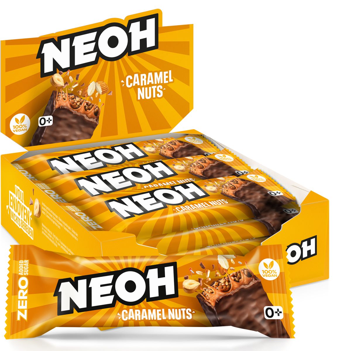 Verpackung mit NEOH Caramel Nuts Riegeln. Einzelner Riegel vorne. Aufdrucke: NEOH, Caramel Nuts, 0+, 100% vegan, Zero Sugar.