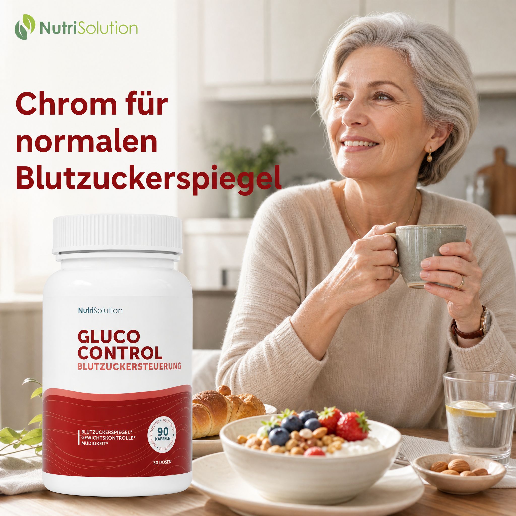 NutriSolution Glucauxi 85 Kapselbehälter neben einer Frau beim Frühstück.