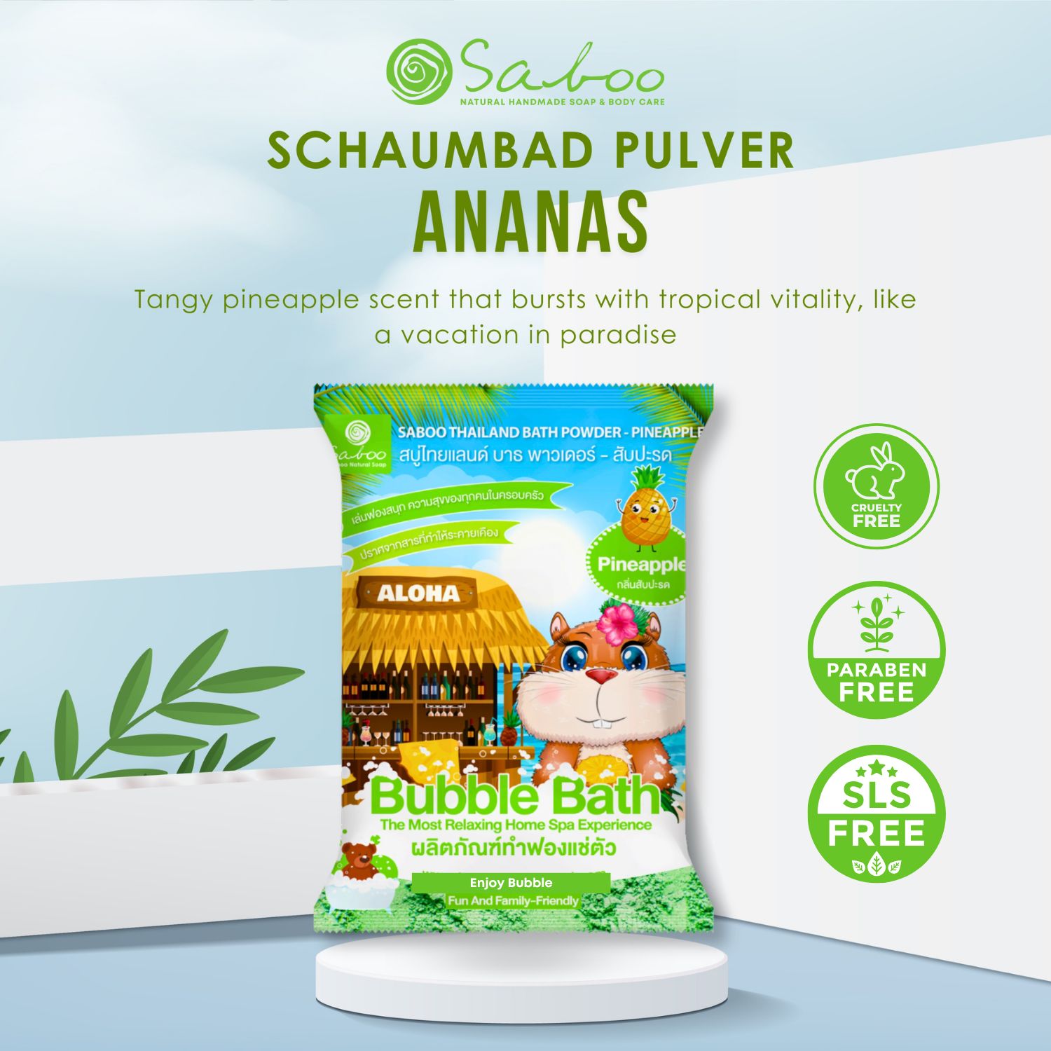 SABOO Schaum Bad Pulver - Ananas. Verpackung mit Ananas-Motiv. Text: 'Tangy pineapple scent'. Logos: 'Cruelty Free', 'Paraben Free', 'SLS Free'.