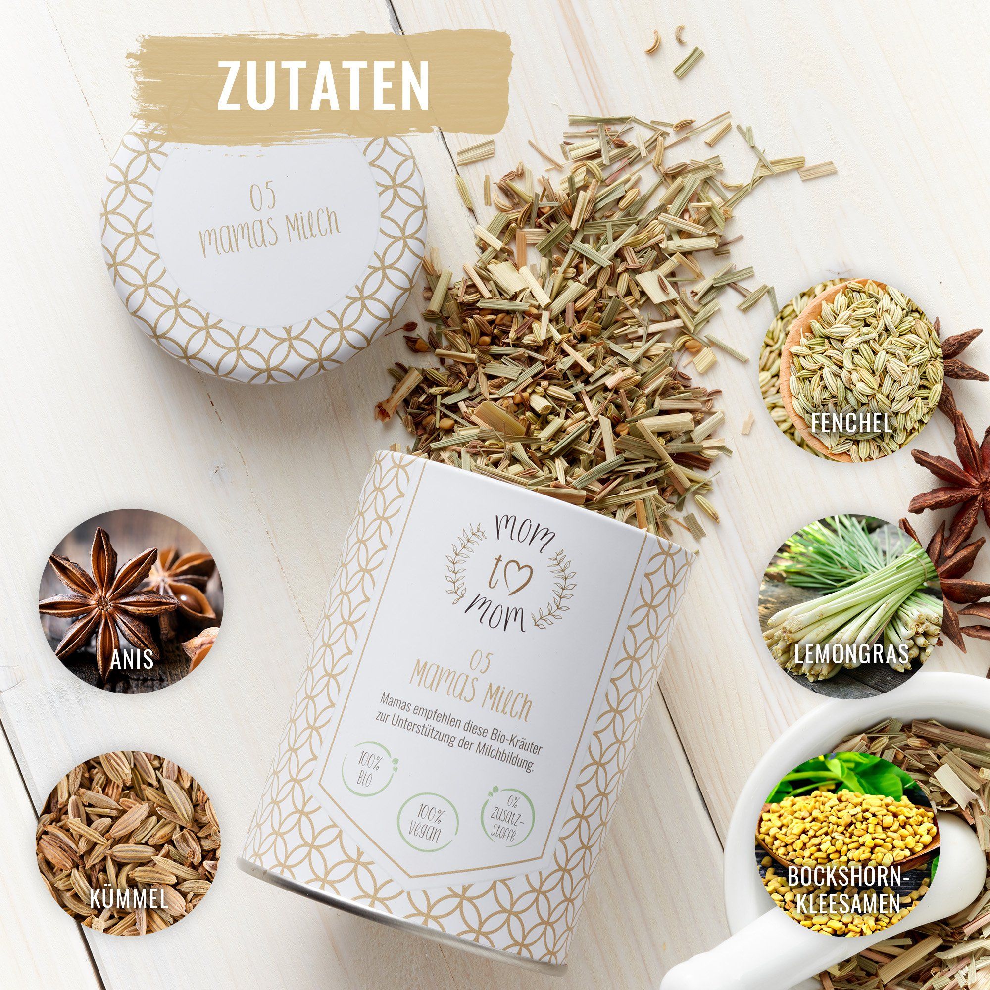 Dose mit Kräutermischung, daneben Zutaten: Anis, Fenchel, Lemongras, Bockshornkleesamen, Kümmel.