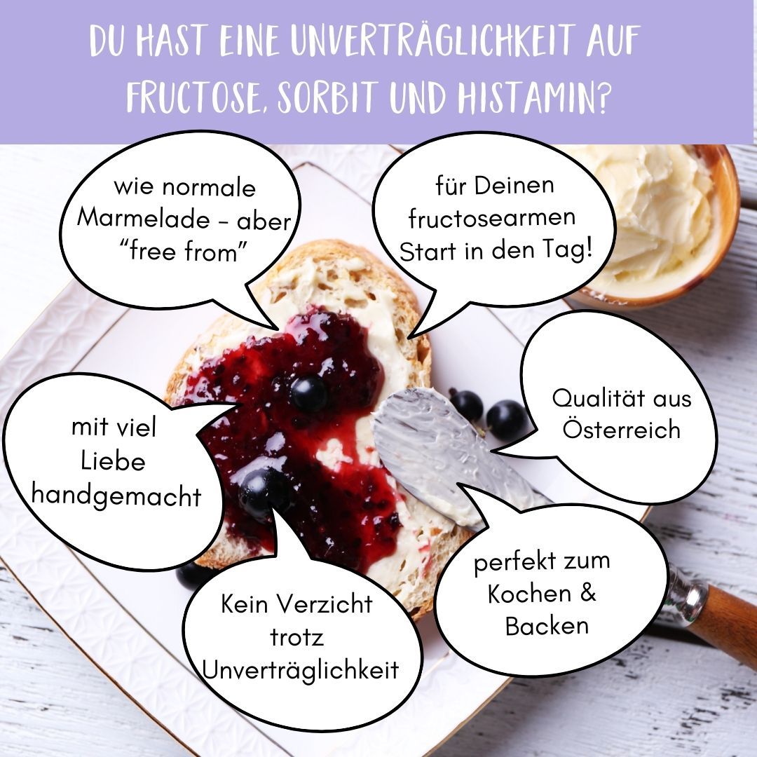 Toast mit FRUNIX® Fruchtaufstrich, schwarze Johannisbeere. Aufschrift: wie normale Marmelade - aber "free from". Auf einem Teller mit Butter.
