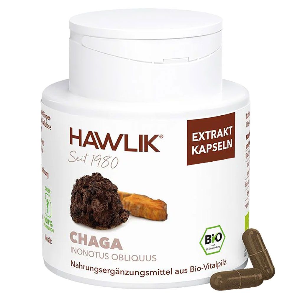 Weiße Dose mit braunen Kapseln. Aufschrift: HAWLIK, CHAGA, BIO. Braune Kapseln liegen daneben.