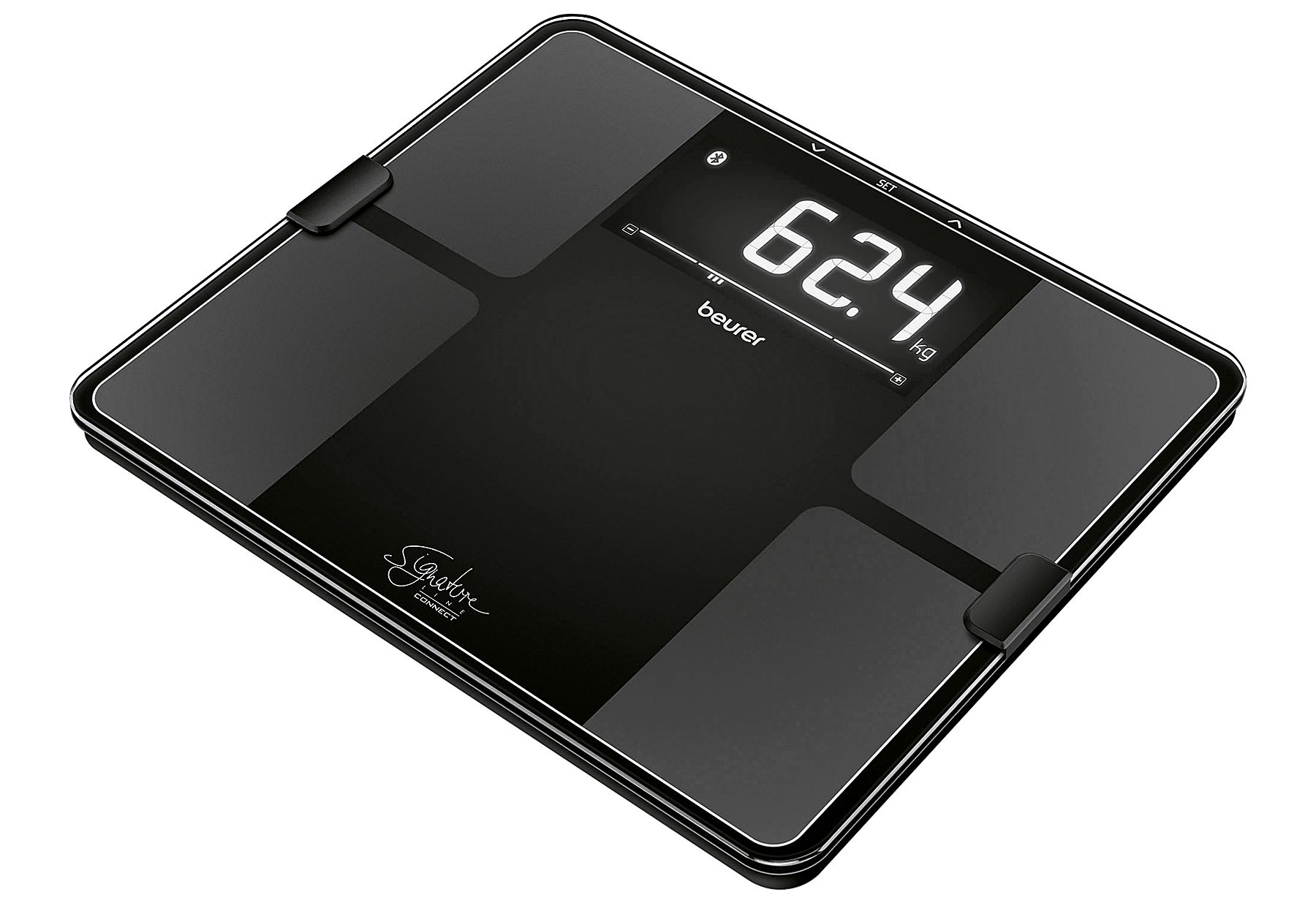 Digitale Personenwaage, schwarz. Mit Display, zeigt 62,4 kg an. Marke: Beurer. SignatureLine-Modell.