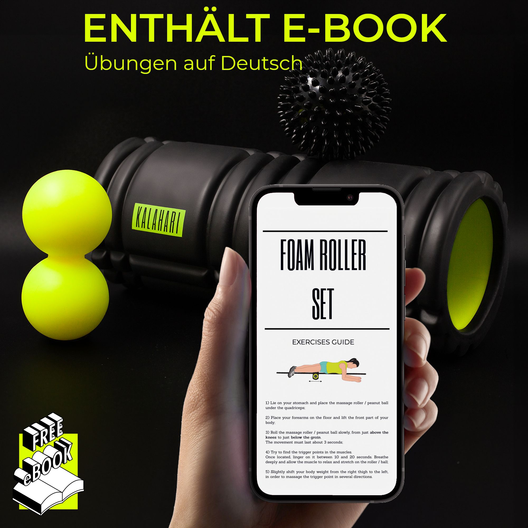 Faszienrolle mit Handy, das ein E-Book mit Übungen zeigt.