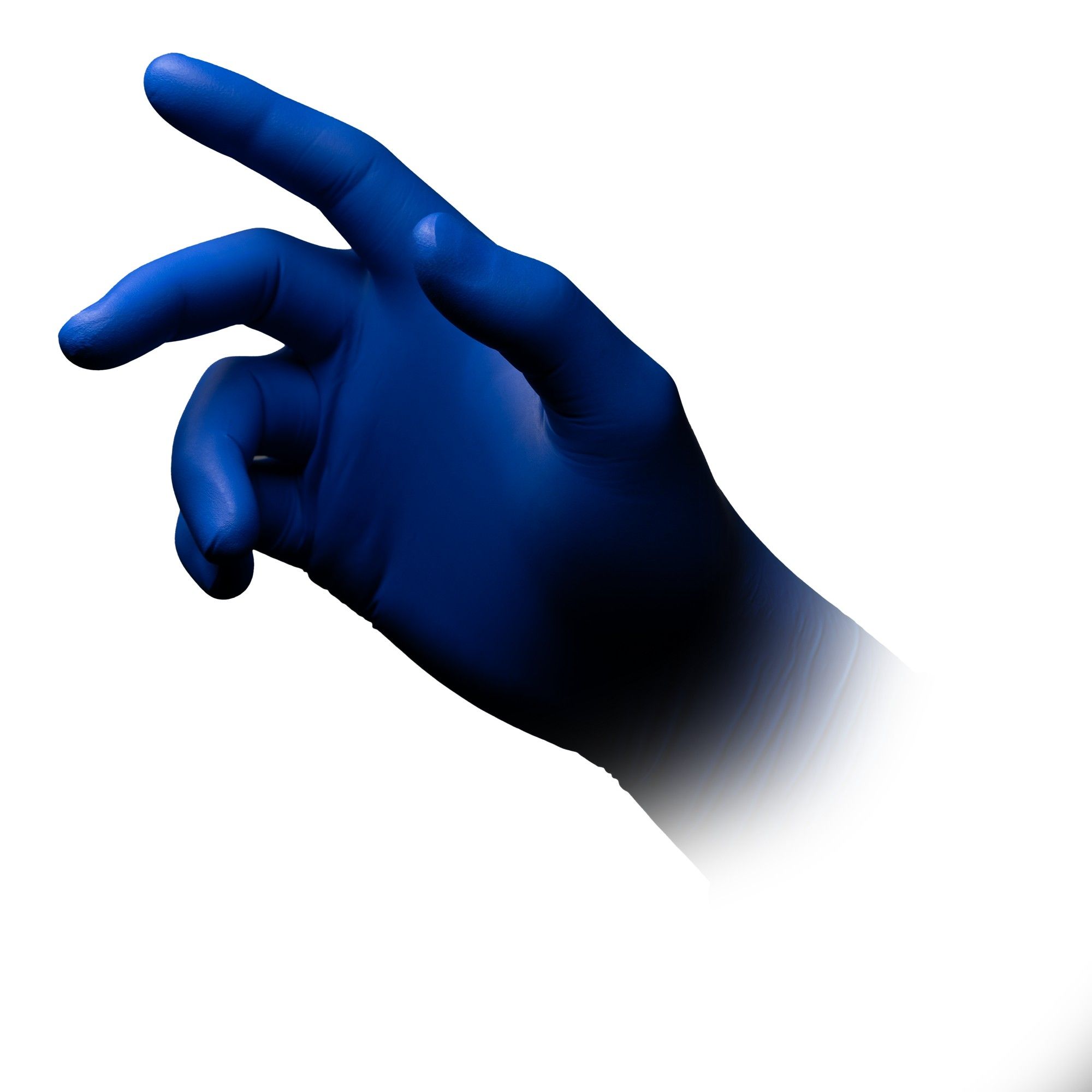 Blaue Nitril-Untersuchungshandschuhe, die eine Hand bedecken, mit ausgestrecktem Zeigefinger.
