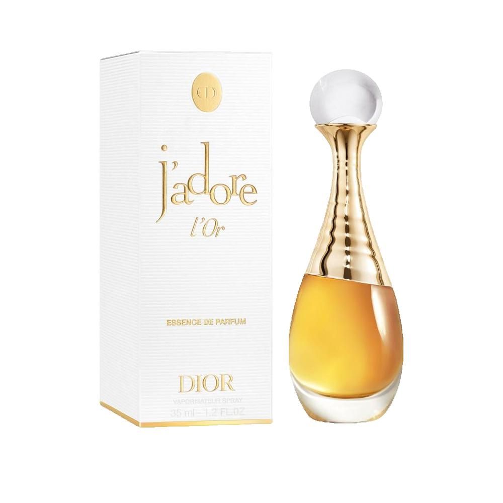 Parfümflakon und Verpackung. Flakon goldfarben, tropfenförmig, mit Kappe. Verpackung weiß mit goldener Schrift: J'adore l'Or, Dior.