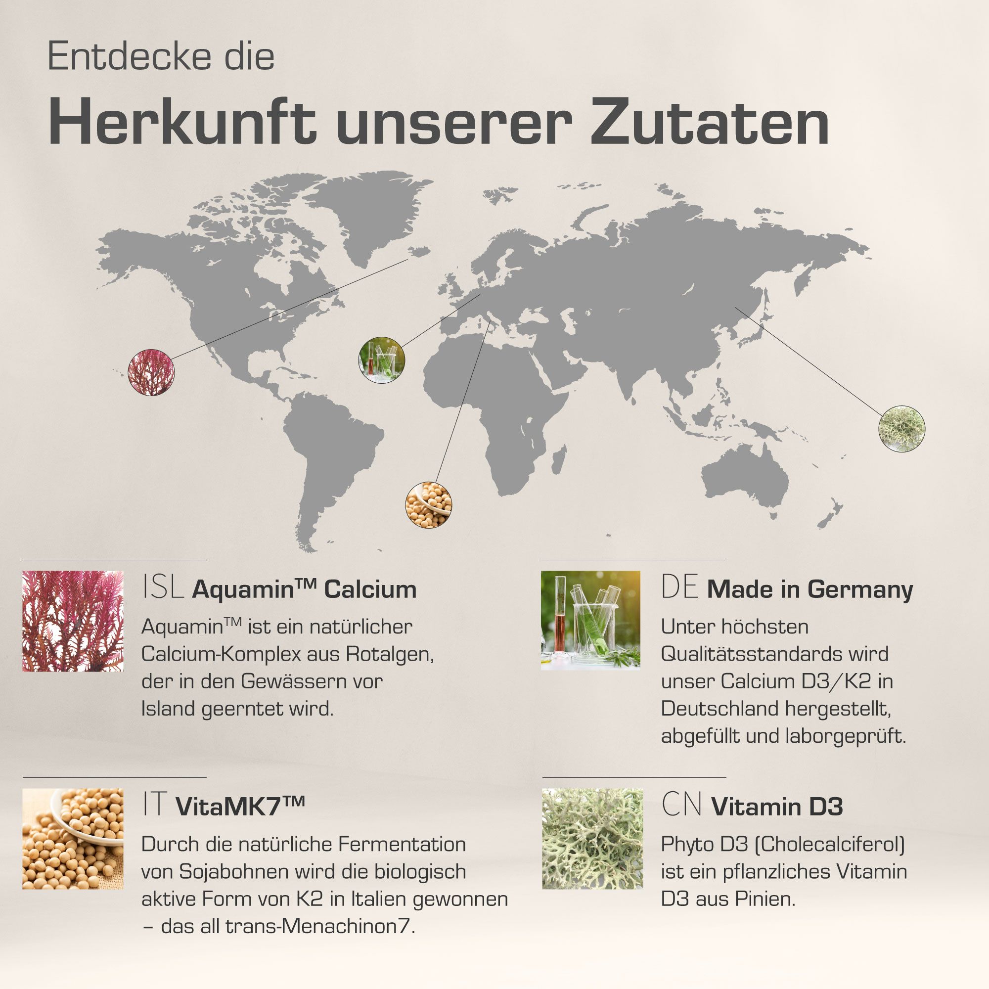 Weltkarte mit Zutaten-Herkunft. Aquamin Calcium aus Island. VitaMK7 aus Italien. Vitamin D3 aus China. Made in Germany.