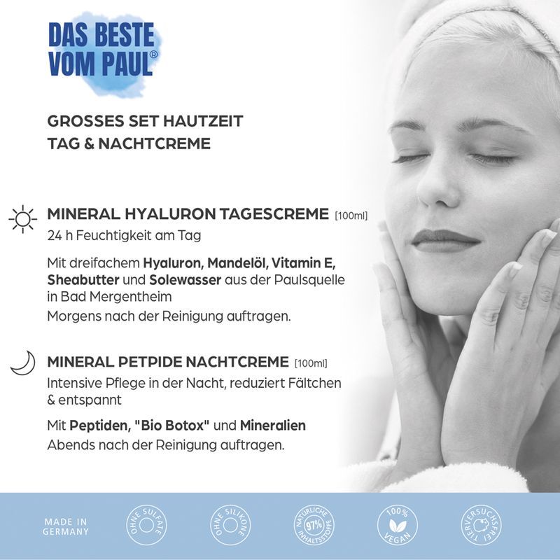Frau mit Handtuch. Text: Großes Set Hautzeit Tag & Nachtcreme. Mineral Hyaluron Tagescreme und Mineral Peptid Nachtcreme. Zertifizierungen.