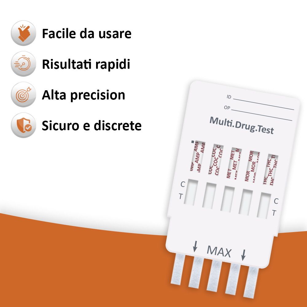 Test antidroga con nome prodotto Multi.Drug.Test. Striscia reattiva con risultati. Quattro icone: facile, veloce, preciso, discreto.