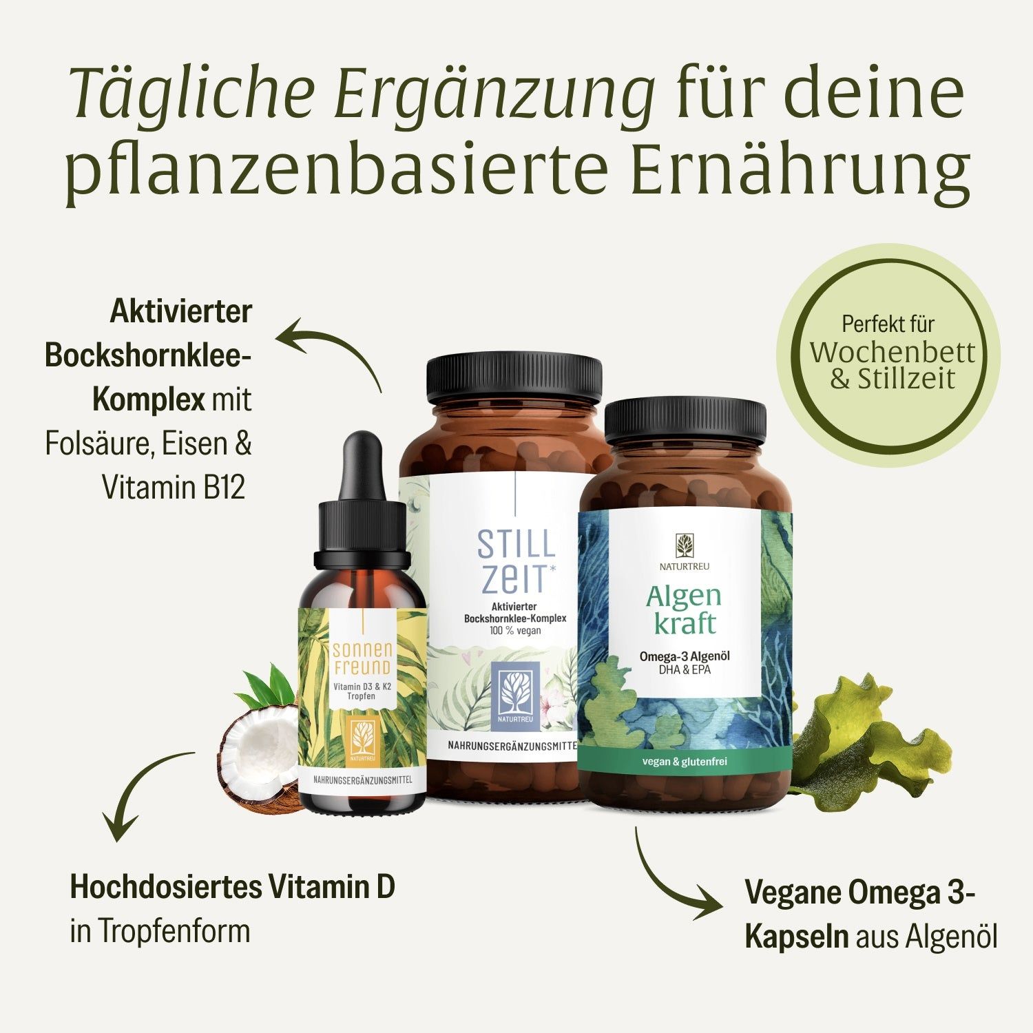 Drei braune Flaschen mit Nahrungsergänzungsmitteln: "Sonnengruß Vitamin D3 & K2", "Stillzeit" und "Algen Kraft".