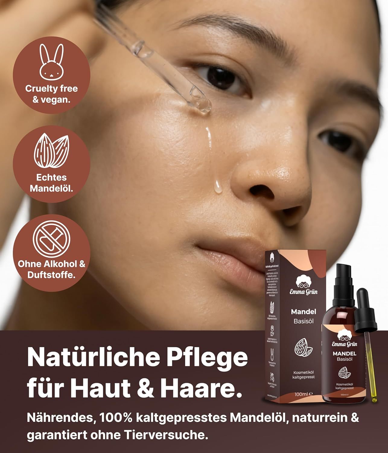 Frau mit Tropfen auf der Haut. Flasche und Verpackung mit Produktnamen. Logos: Cruelty Free, echtes Mandelöl, ohne Alkohol & Duftstoffe.