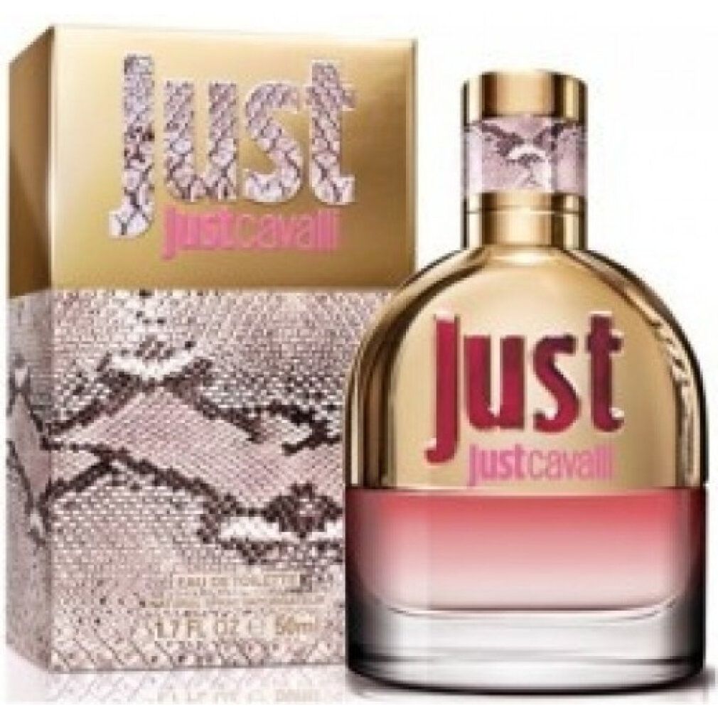 Parfümflakon und Verpackung. Goldfarbene Verpackung mit Schlangenmuster und Aufschrift "Just Cavalli".