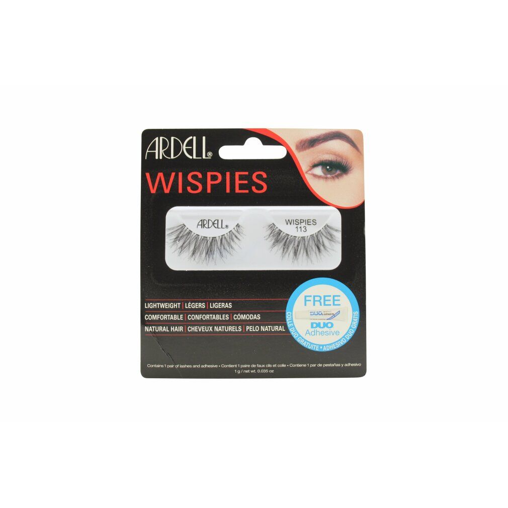 Ardell Wispies 113 Black Wimpern. Schwarze Kunstwimpern in Verpackung mit Kleber. Leicht, komfortabel, natürliches Haar.