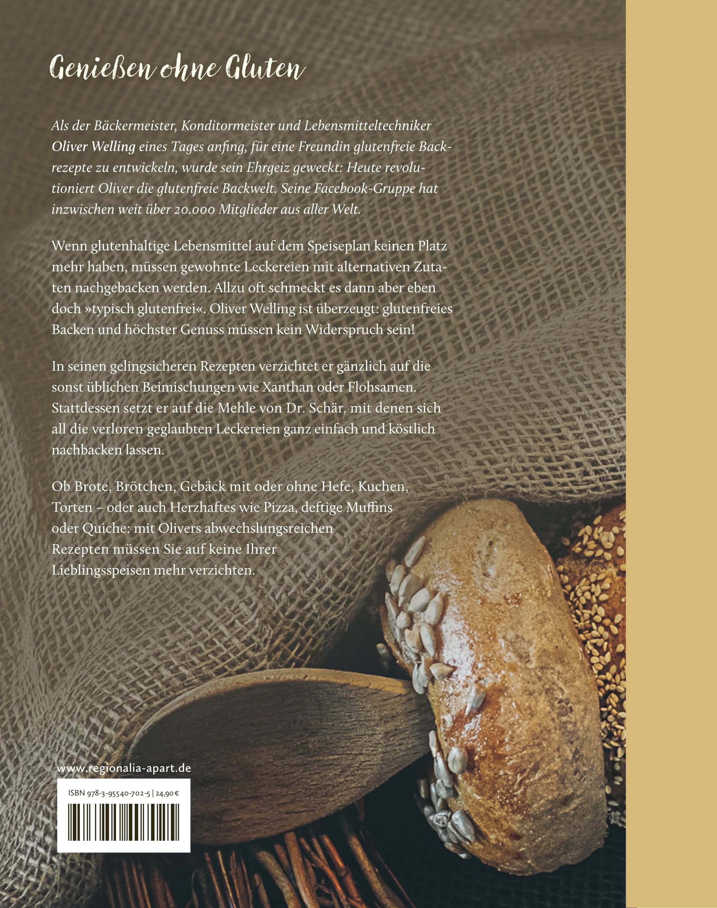 Rückseite des Buches "Olivers glutenfreie Backwelt". Text über glutenfreie Rezepte. Brot und Brötchen im Hintergrund.
