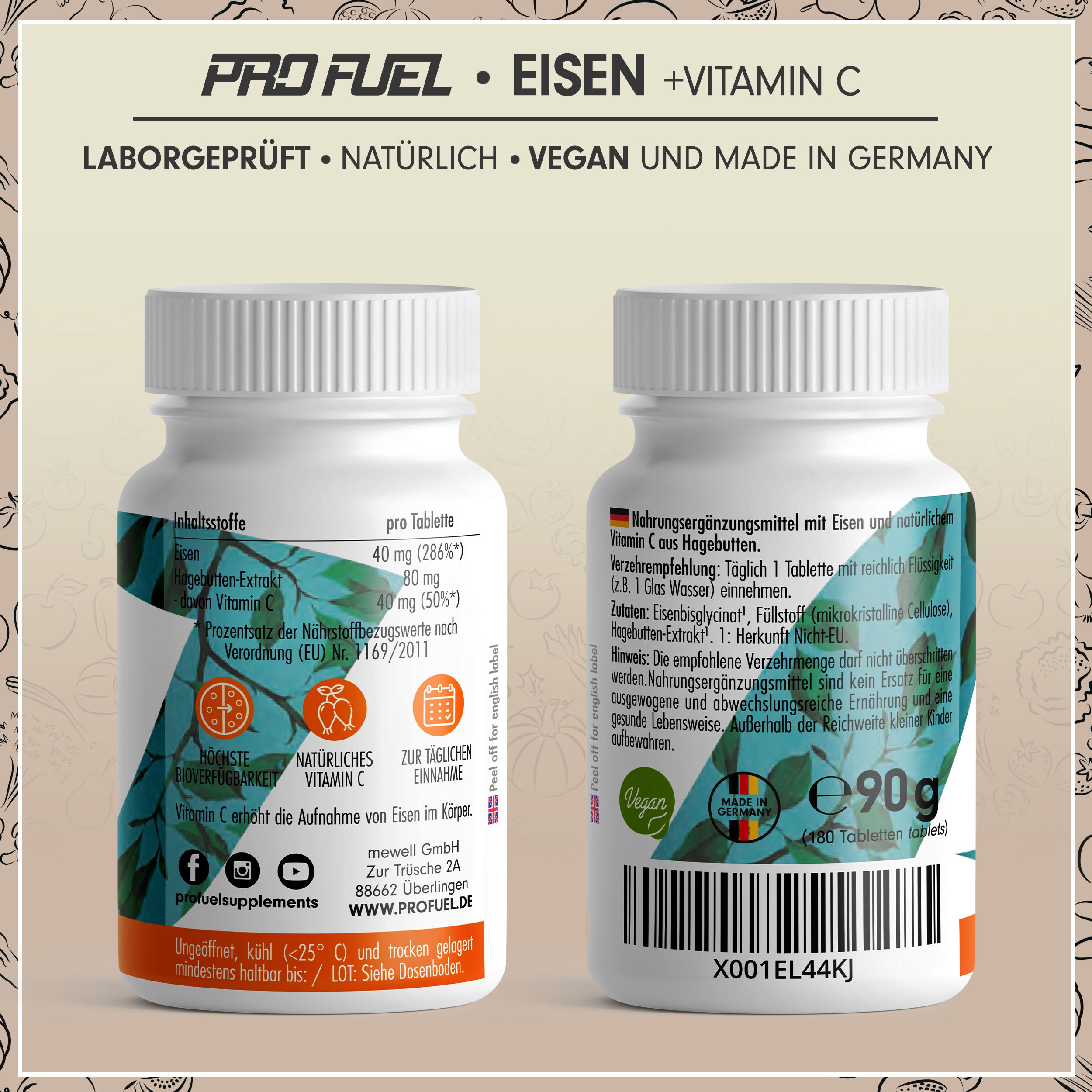 ProFuel - EISEN Tabletten mit natürlichem Vitamin C, ideal hochdosiert, 40mg Eisen & 40mg Vitamin C