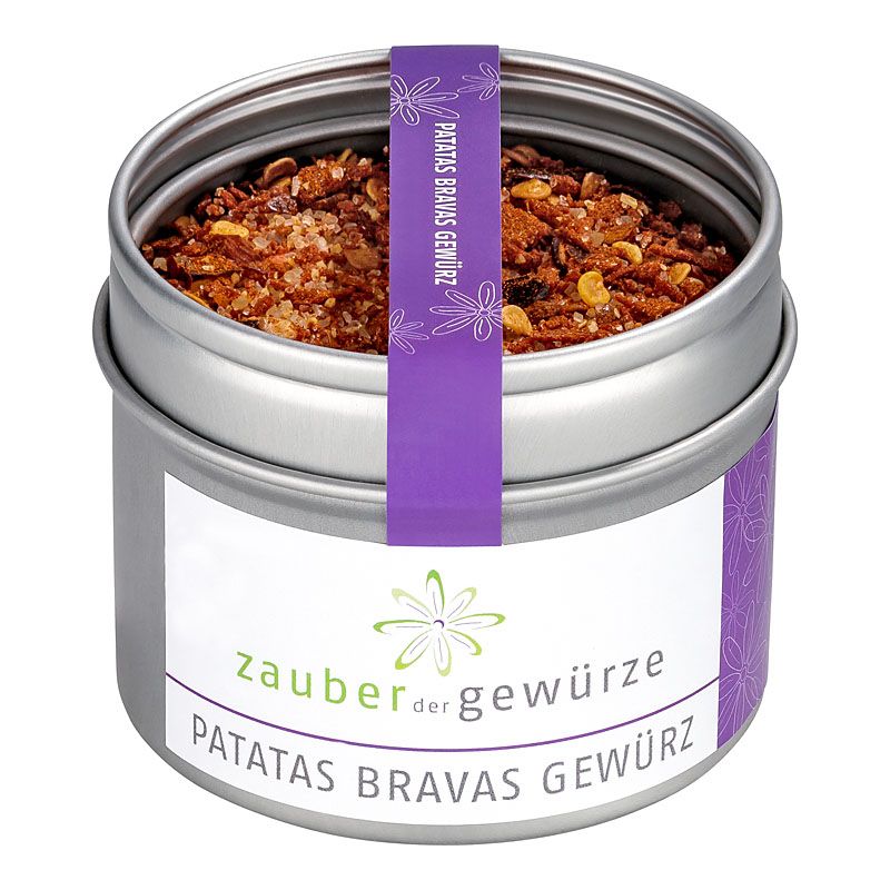 Gewürzdose mit Aufschrift. Violette Banderole mit Text. Dose mit Patatas Bravas Gewürz gefüllt.