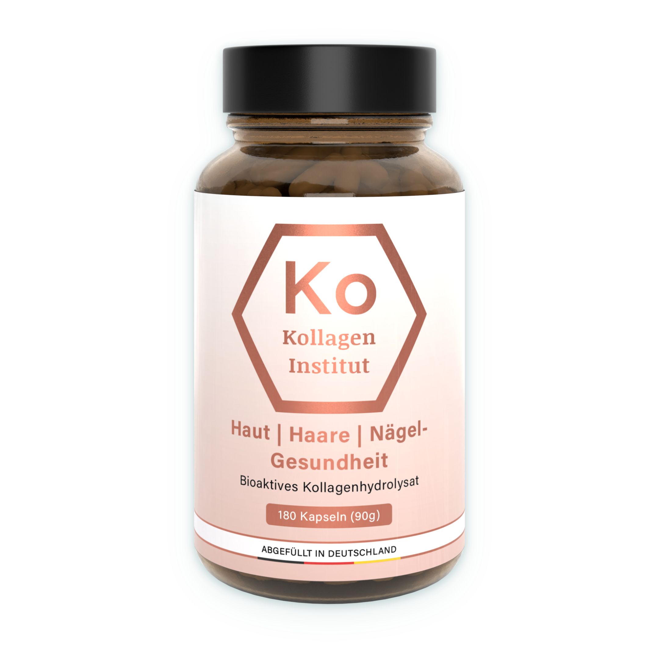 Braunglasflasche mit schwarzem Deckel, Etikett mit Hexagon-Logo und Produktinformationen für Kollagen Kapseln.