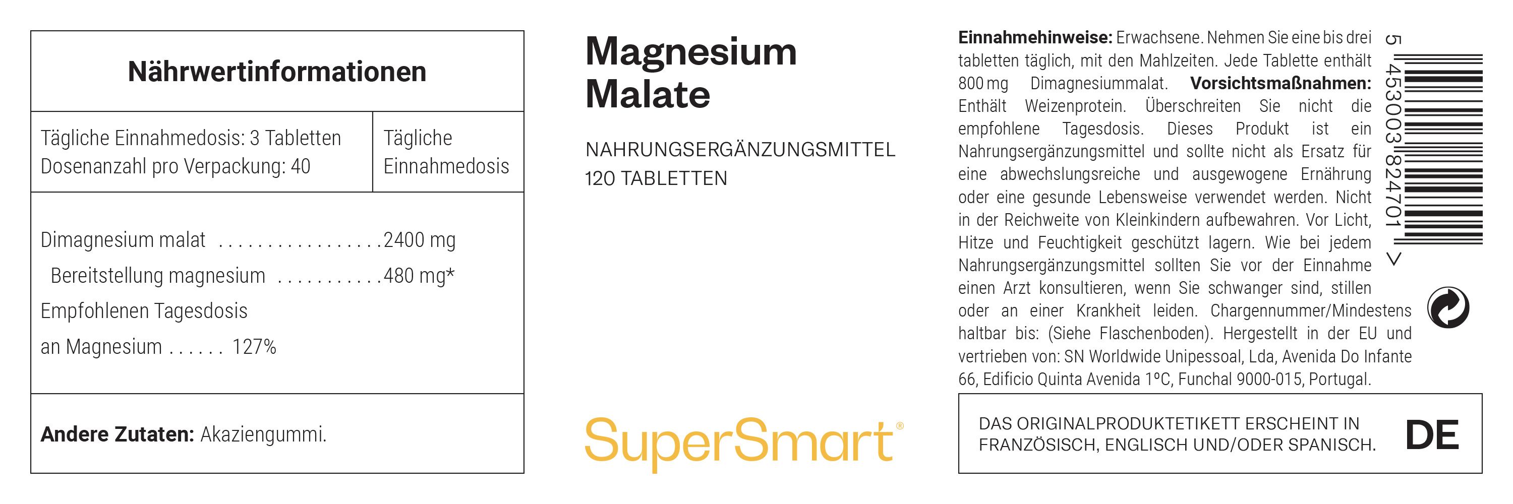Etikett mit Nährwertangaben und Inhaltsstoffen. Enthält Magnesium Malat, 120 Tabletten. Marke: SuperSmart.