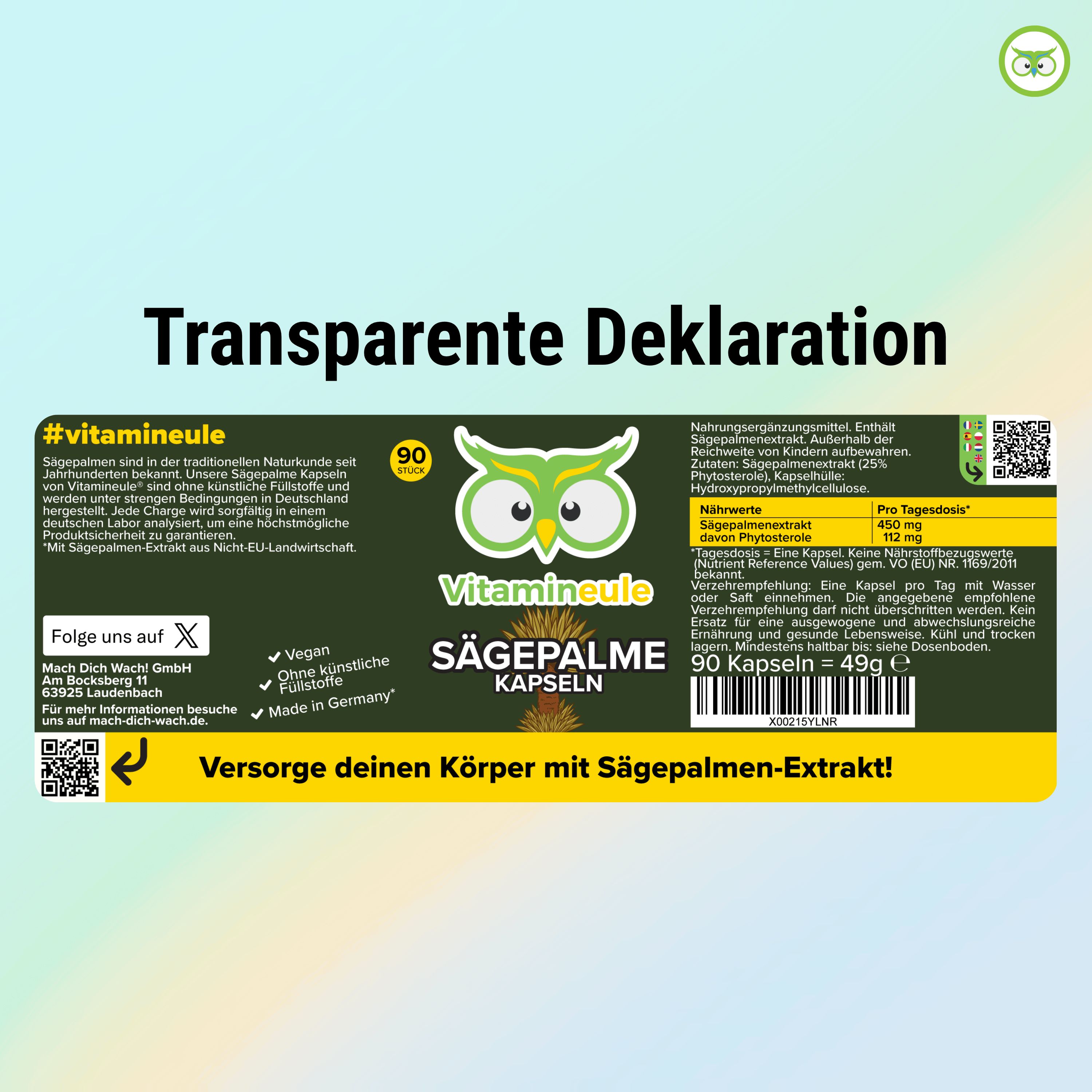 Etikett mit Text: Transparente Deklaration. Enthält Informationen zu Inhaltsstoffen, Nährwerten und Hersteller. Mit Logo und QR-Code.