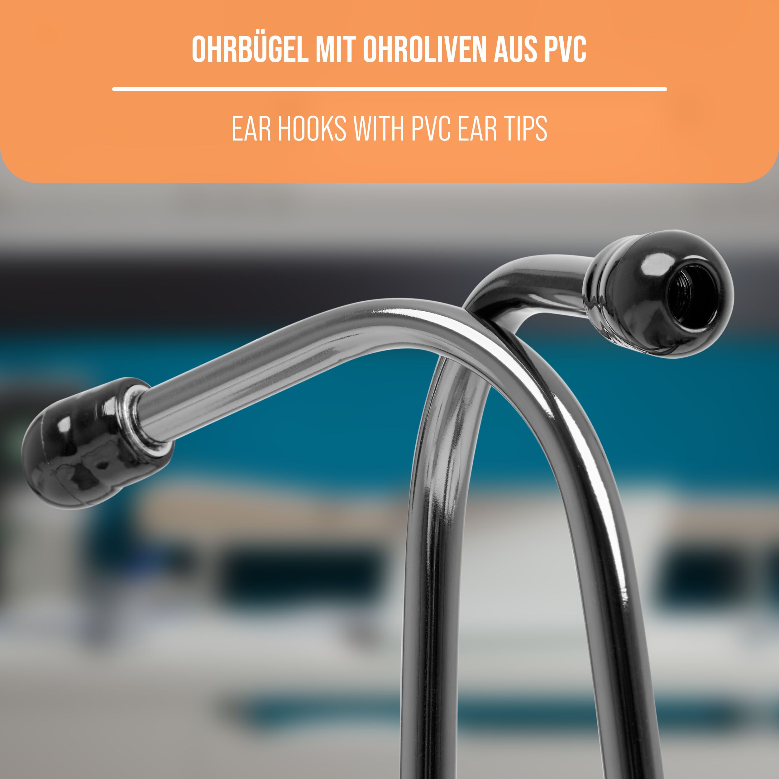 Nahaufnahme der Ohrbügel mit PVC-Ohroliven. Hintergrund unscharf.