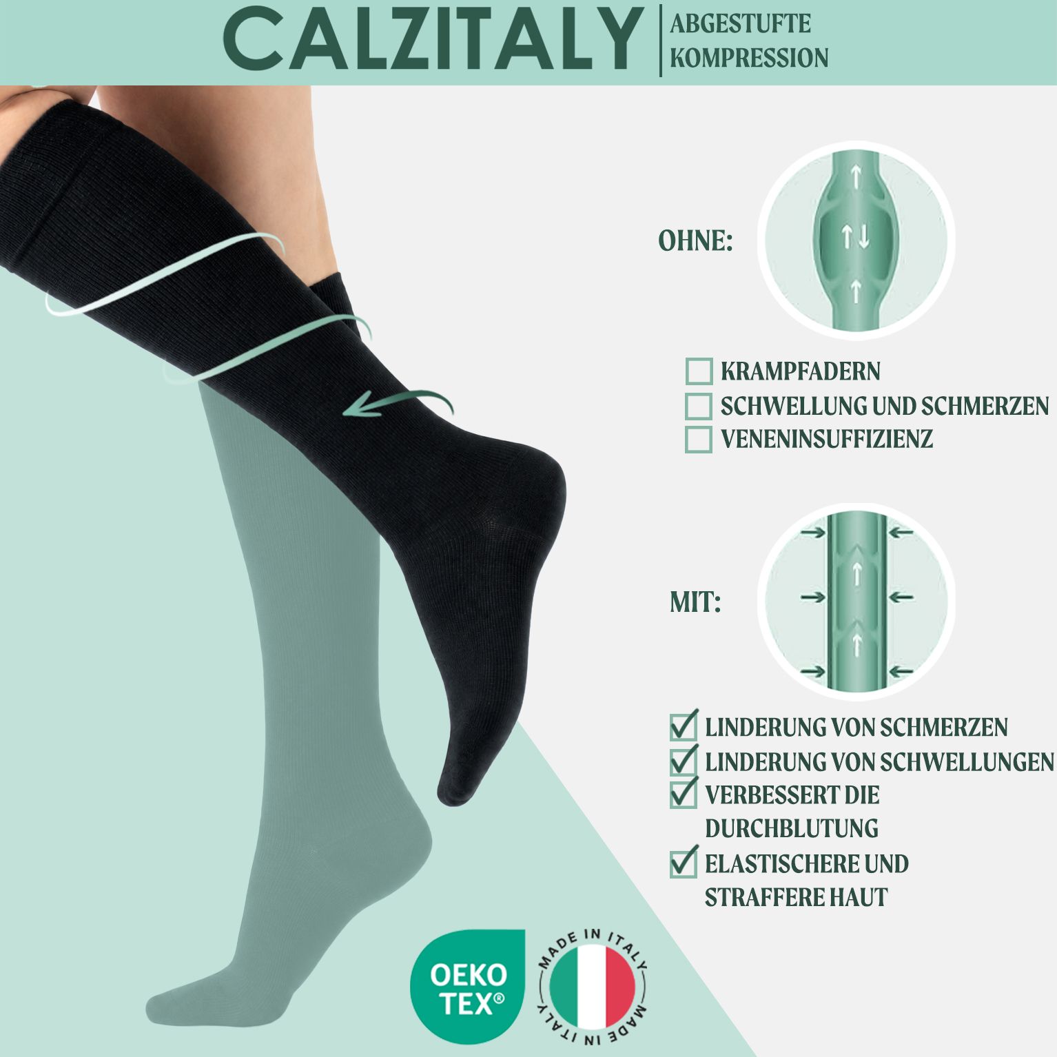 CALZITALY Unisex Kniestrümpfe aus Baumwolle Abgestufter Kompression 14-16 mm/Hg Made in Italy