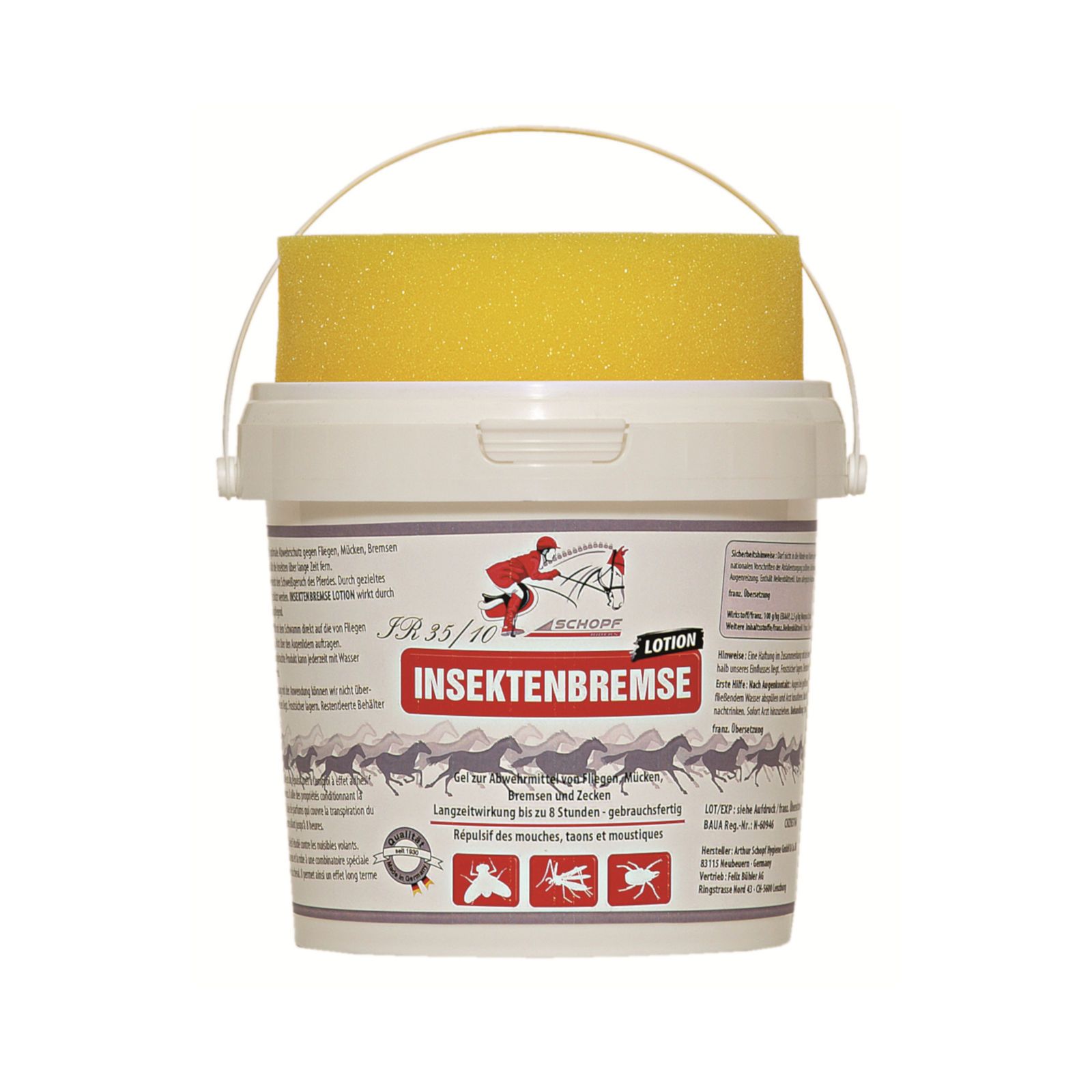 Eimer mit gelbem Schwamm. Aufschrift: IR 35/10 Insektenbremse, Logo mit Reiter und Pferd. Enthält Lotion.
