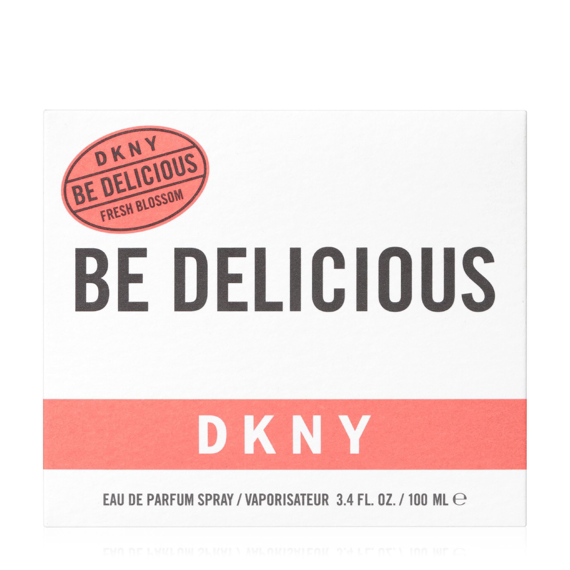 Weiße Verpackung mit Aufschrift: DKNY Be Delicious Fresh Blossom. Roter Streifen und Logo.