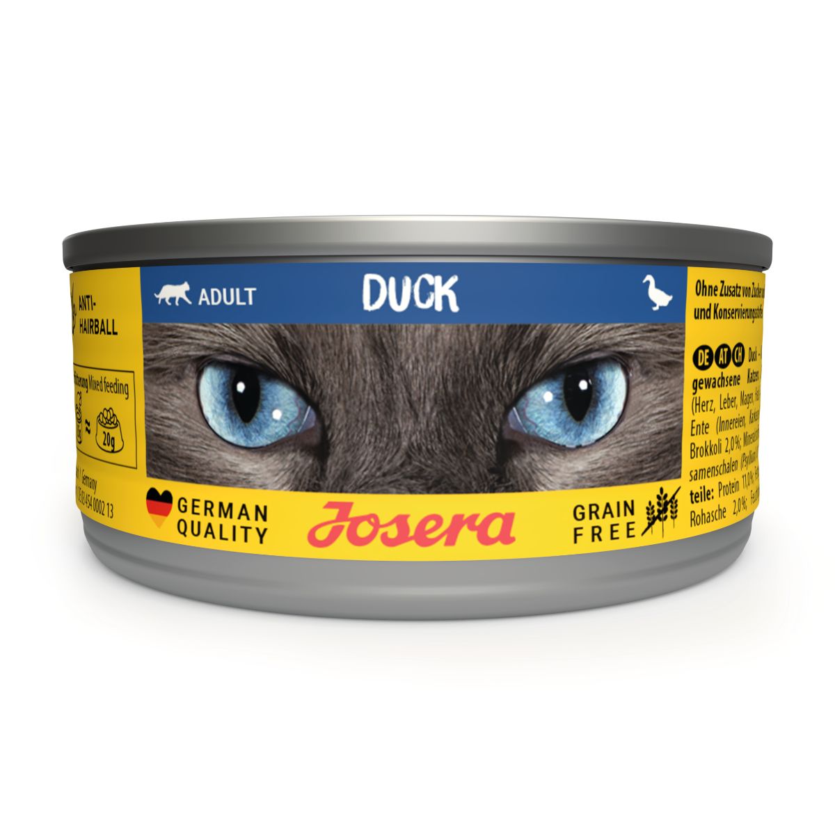 Dose Katzenfutter mit blauen Augen. Aufschrift: DUCK, ADULT, JOSERA. Gelbes Etikett mit Text und Logo.